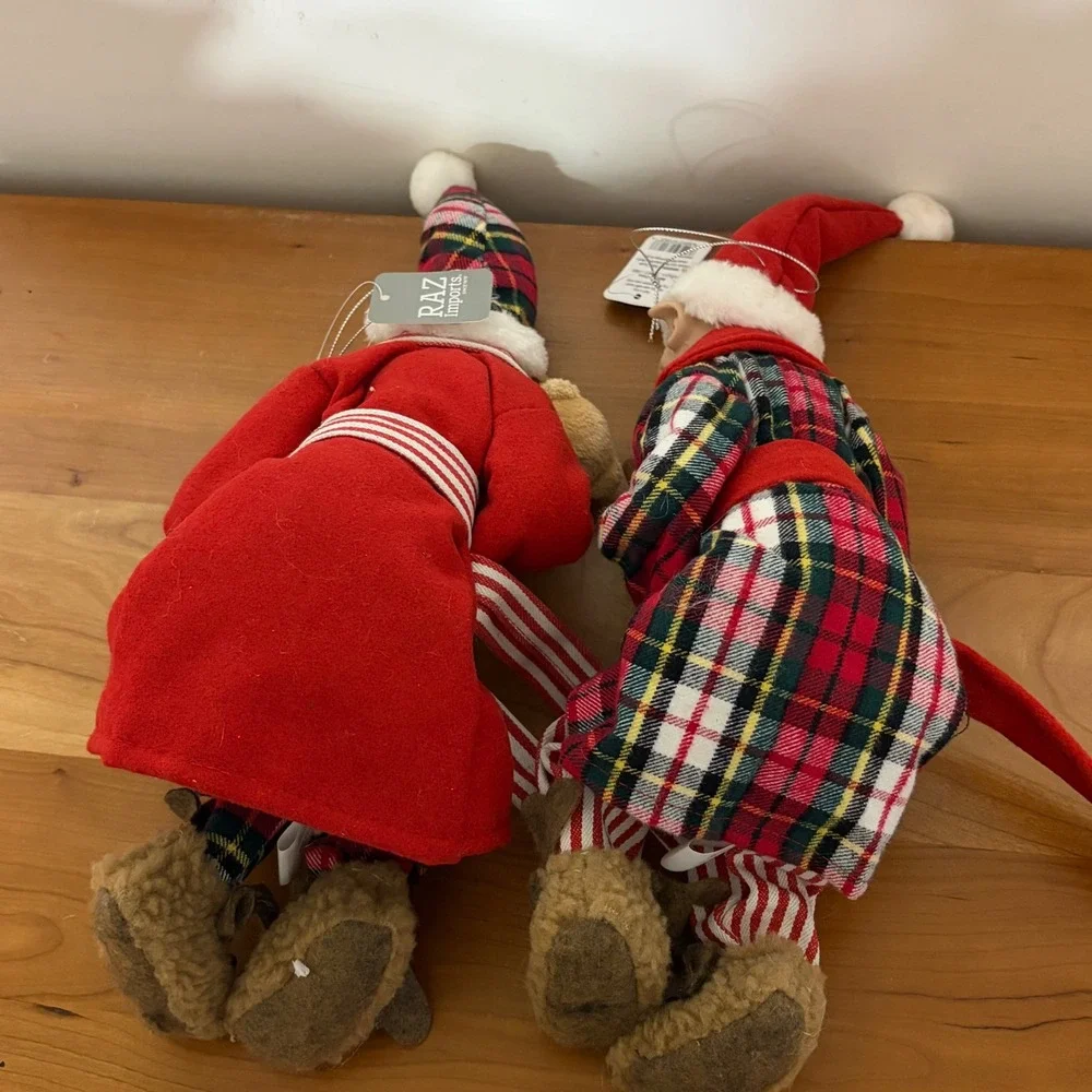 Raz Imports Christmas Elf Shelf Sitter Set Red Plaid Pajamas‎ Moose Slippers NWT